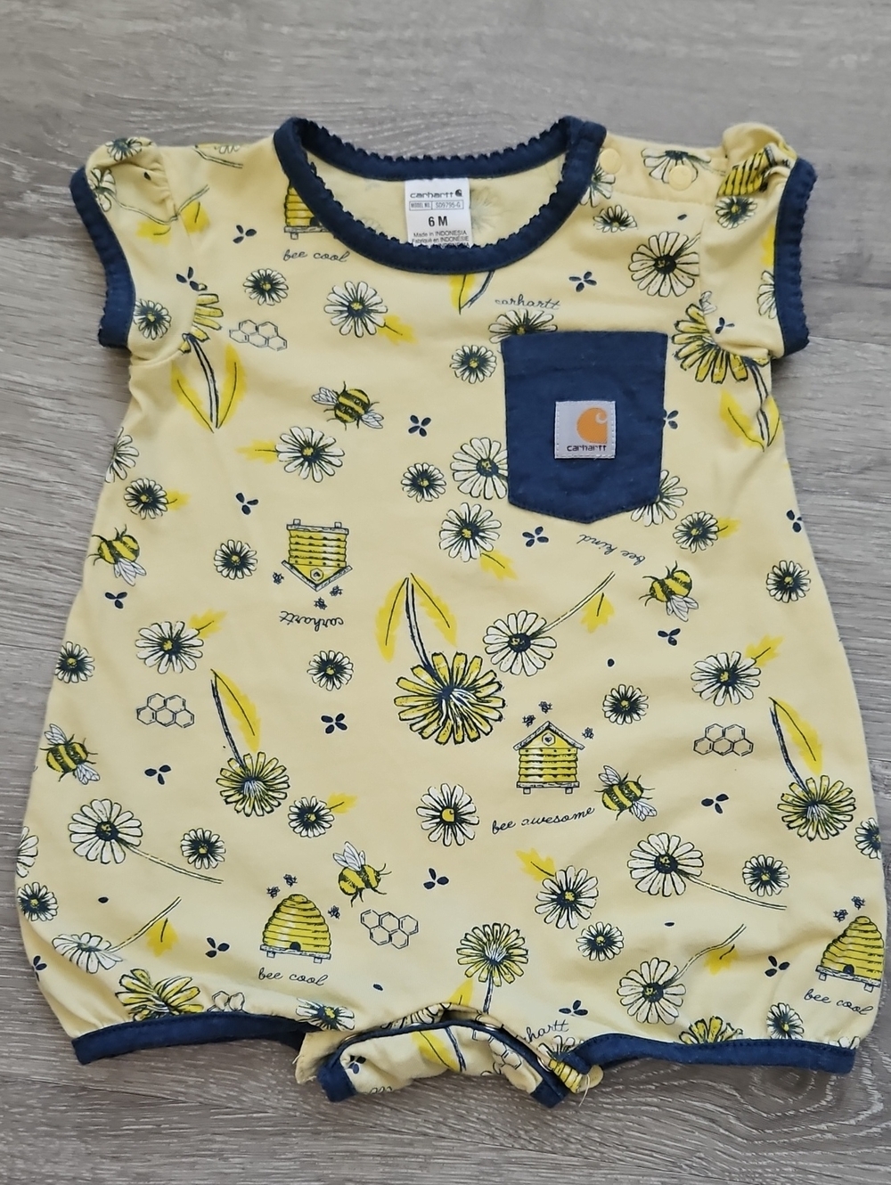 Carhartt Infant Girls Yellow Blue Bee Floral Print Romper Bodysuit Size 6 Months